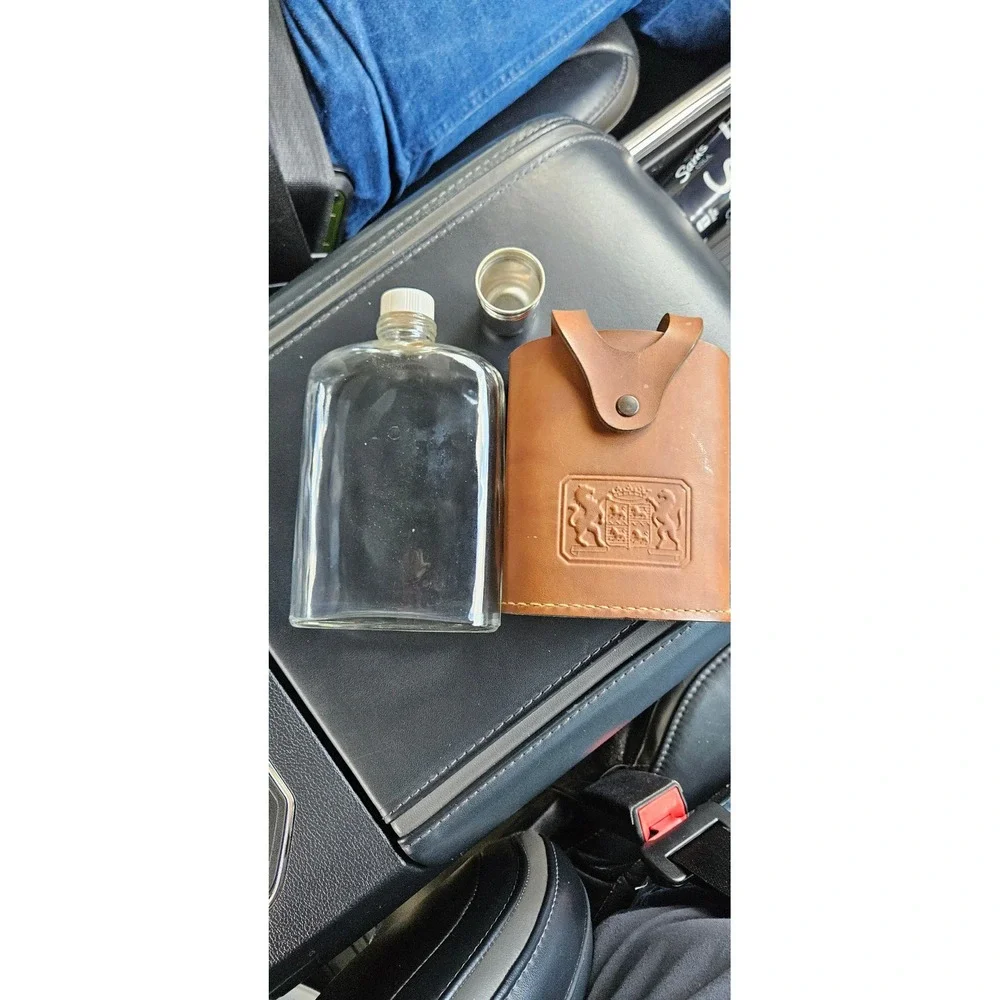 Vtg. Irwinware Glass Hip Flask Leather Case Embossed Crest Jigger Cap USA Made